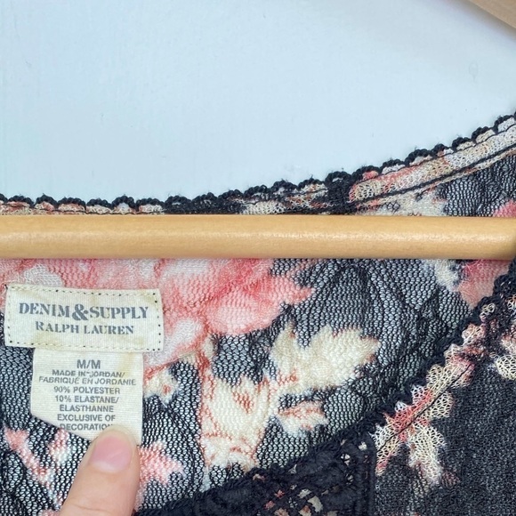 DENIM & Supply Floral Print Blouse Womens Size Medium Lettuce Trim, Button Front - Picture 3 of 6